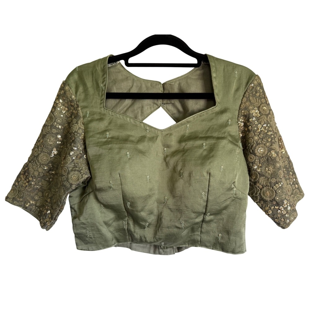 Simran Olive Green Sequin Embroidered Saree Blouse Padded Choli Open Back Cutout